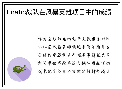 Fnatic战队在风暴英雄项目中的成绩