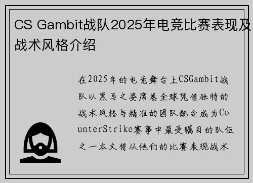 CS Gambit战队2025年电竞比赛表现及战术风格介绍